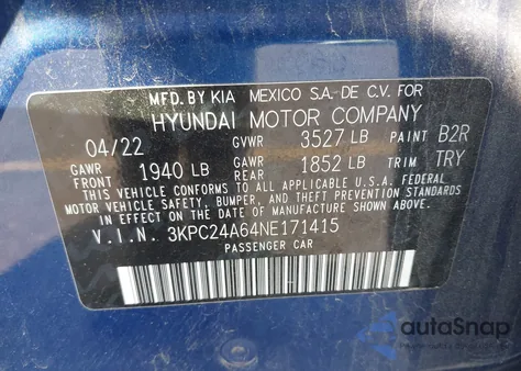 2022 Hyundai Accent Se/Sel from USA, damaged, VIN 3KPC24A64NE171415